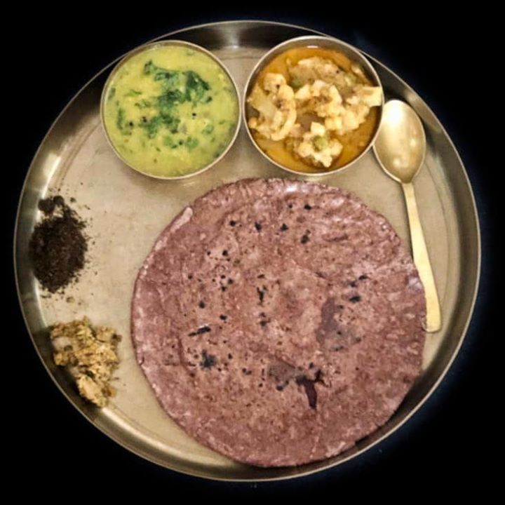 Meal for the day 

नाचणीची भाकरी ( Ragi roti ) 
पिठलं ( Besan curry ) 
वेजिटेबल कोरमा ( veg korma ) 
कारल्याची चटणी (Niger seed chutney ) 
ओल्या खोबर्‍याची चटणी. ( coconut chutney) 
A complete local and traditional meal ...
#meal #dinner #balancedmeal #maharashtrian