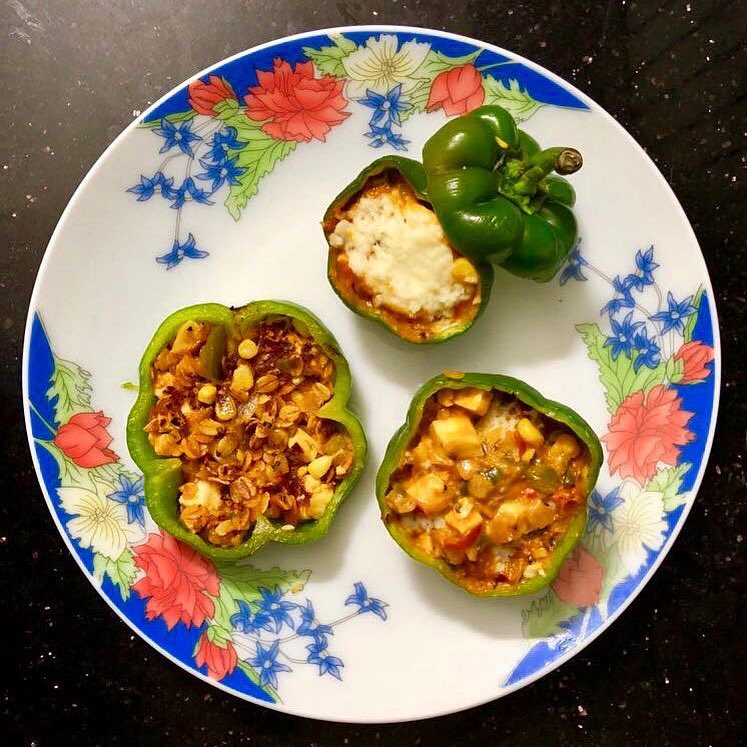 Capsicums, available in a multitude of colours, are an excellent source of vitamins A and C. This versatile vegetable can be stuffed, roasted, used in stir-fries or simply eaten raw.
I have made simply stuffed capsicum as a snack.
Stuffed with
Onions
🍅 tomato
Bell peppers 🌽 corn
Paneer 
Oats 
Simple and quick recipe for healthy snack 
#snacks #kidssnack #tiffinideas #healthytiffin #kidshealth #nutrition #stuffedcapsicum #capsicum