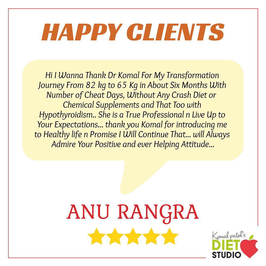 Happy client
What really matters is self-motivation and a feeling of responsibility from within to eat the right foods, eat in moderation, drink water the right way, and be happy 
#happyclient #weightloss #fatloss #inchloss #happy #selfmotivation #eatright #eatsmart #clients #komalpatel #dietstudio #dietitian #nutrition
