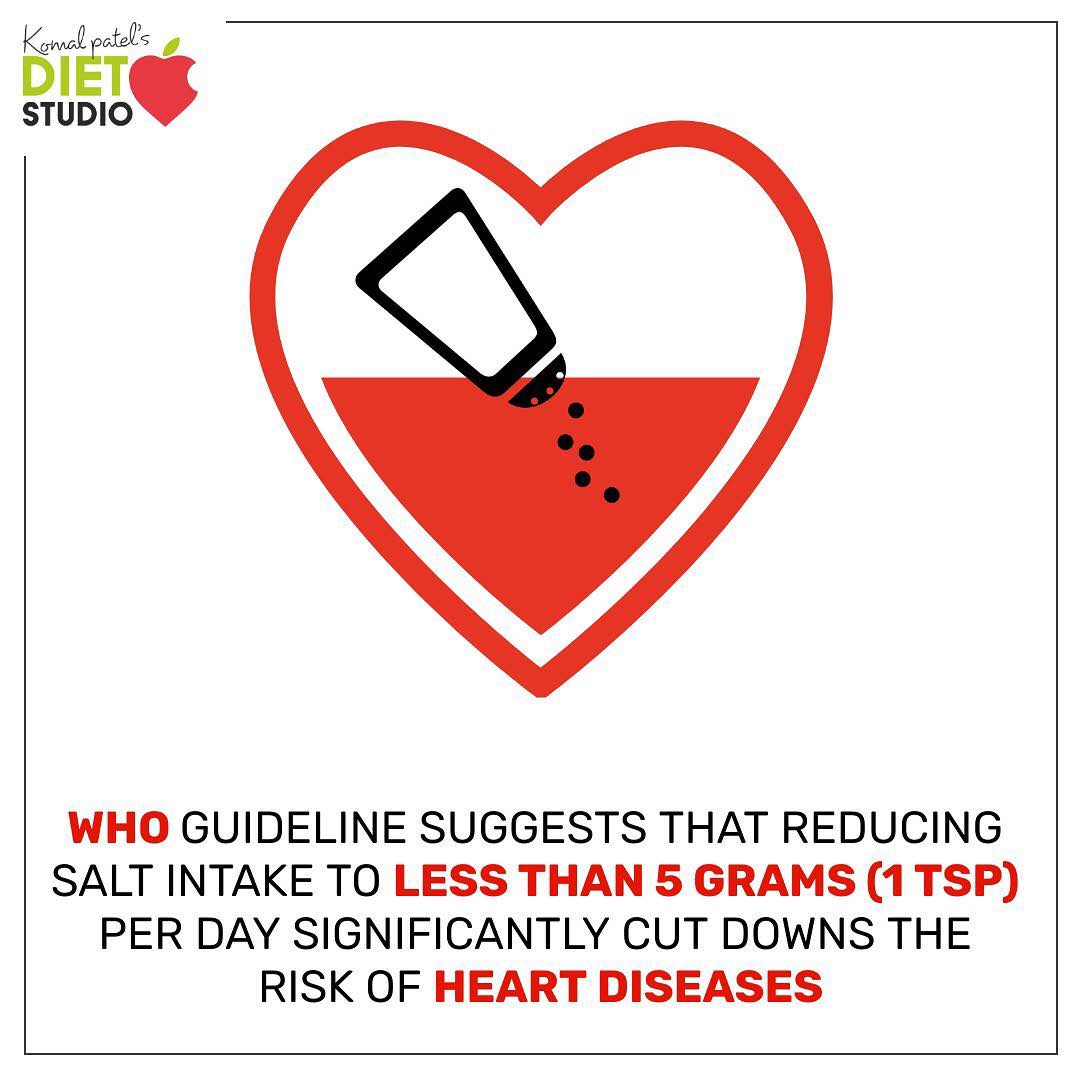 Salt intake of less than 5 grams per day for adults helps to reduce blood pressure and risk of cardiovascular disease, stroke and coronary heart attack. 
The recommended amount of salt you are required to take should not be more than 5gm per day 
#salt #heart #bloodpressure #risk