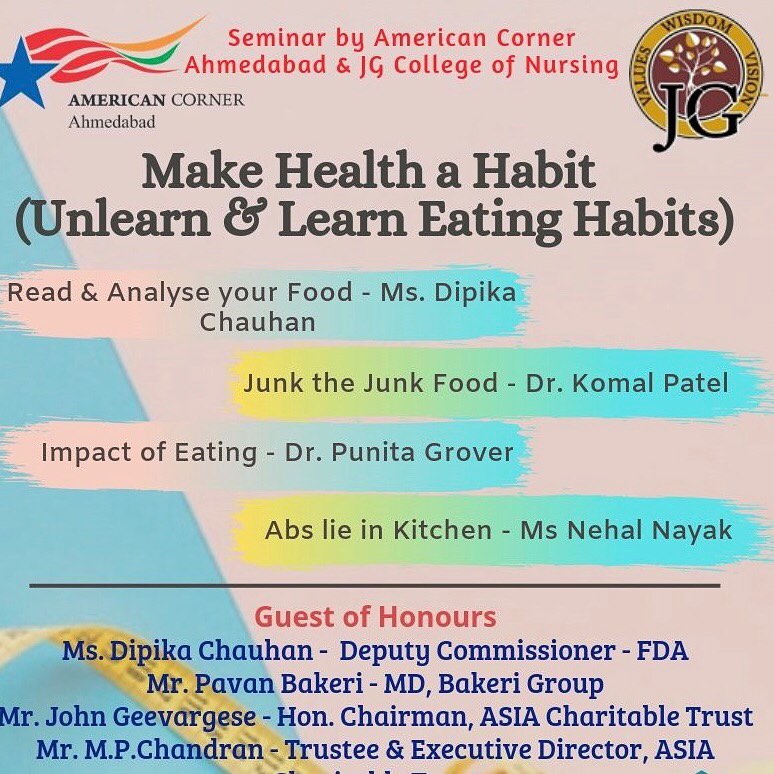 Make health a habit 
A talk on 
healthy eating 
Analysing your food 
Junk food and it’s effect 
And some interesting recipes which states Abs lie in kitchen. 
A seminar by American corner and JG college.