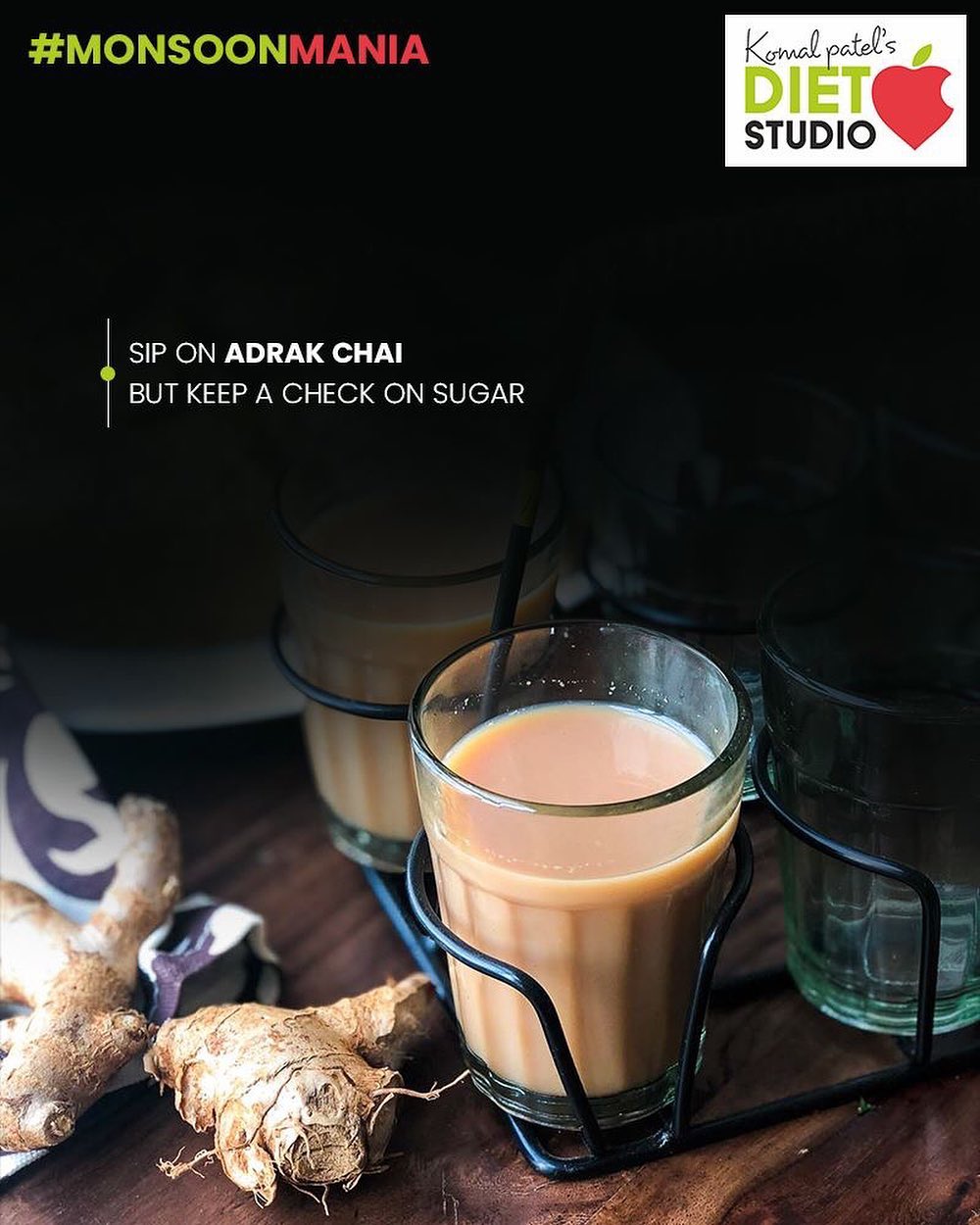 A piping hot cup of adrak wali chai is always a delight in this weather, wouldn't you agree? The concoction can do wonders for your throat and immunity. Made with ginger and other herbs like black pepper, clove and cinnamon, adrak chai is a treasure trove of antioxidants.

#komalpatel #diet #goodfood #goodhealth #eathealthy #goodhealth #MonsoonMania #monsoon