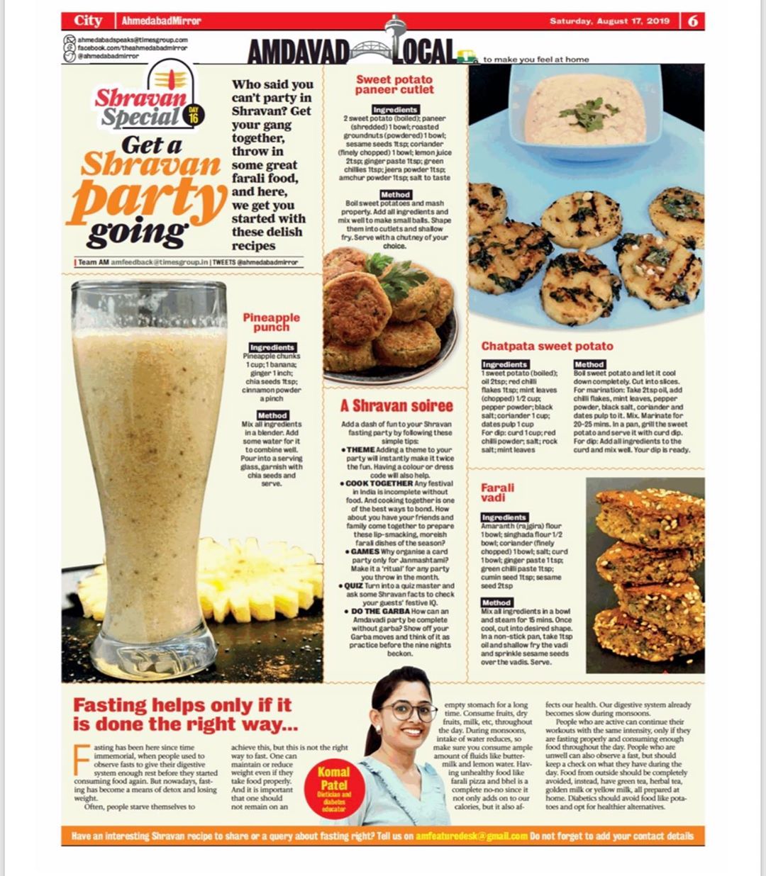 #shravan 
Shravan special featured in #ahmedabadmirror #times 
Fasting - An boon if done it in a right way....
#komalpatel #diet #dietitian #recipes #fastrecipes #fasting