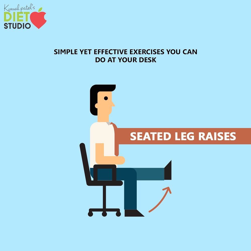 You can do these leg and abdominal exercises even when you’re in a meeting or on a conference call without people noticing. Sit upright in your office chair. Straighten your left leg so that it is parallel to the floor and hold it in place for 10 seconds. Now, do the same thing with your right leg. Repeat both legs for 15 repetitions.

#komalpatel #diet #goodfood #eathealthy #goodhealth #deskercise #dietitian