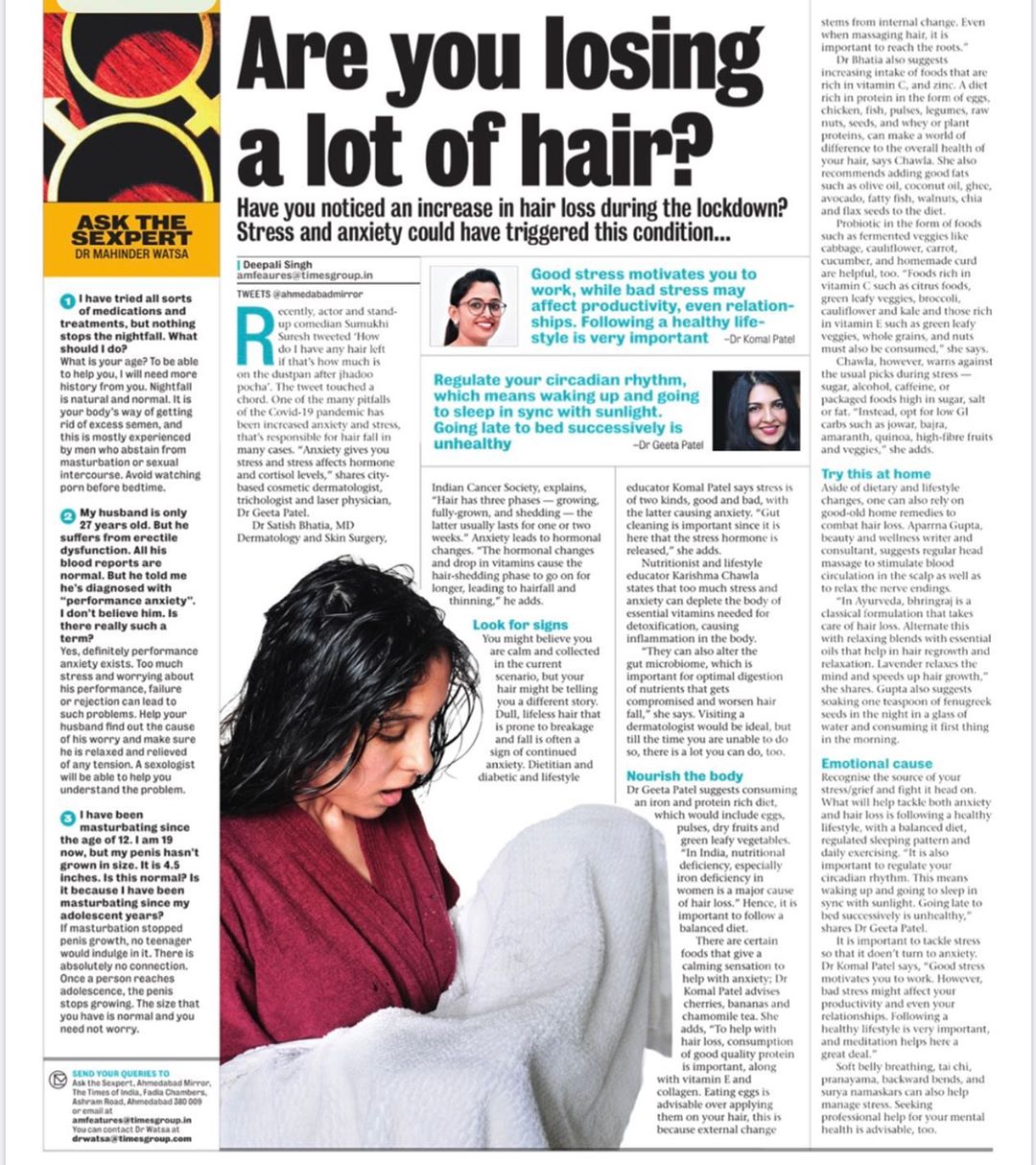 Today’s column in @ahmedabadmirrorofficial 
All about anxiety, stress and hair loss...
#komalpatel #dietitian #diabeticeducator #article #media