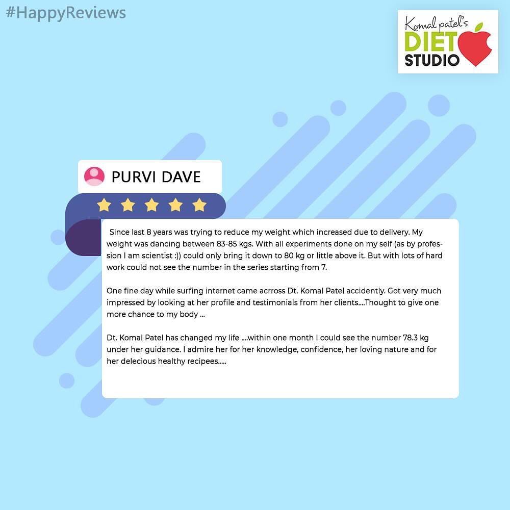 Thank you Purvi for the review.
Reviews like this makes me feel motivated and inspired to research more and give good results and help people achieve their health goals.
We are glad about your feedback!

#Feedback #komalpatel #diet #goodfood #eathealthy #goodhealth