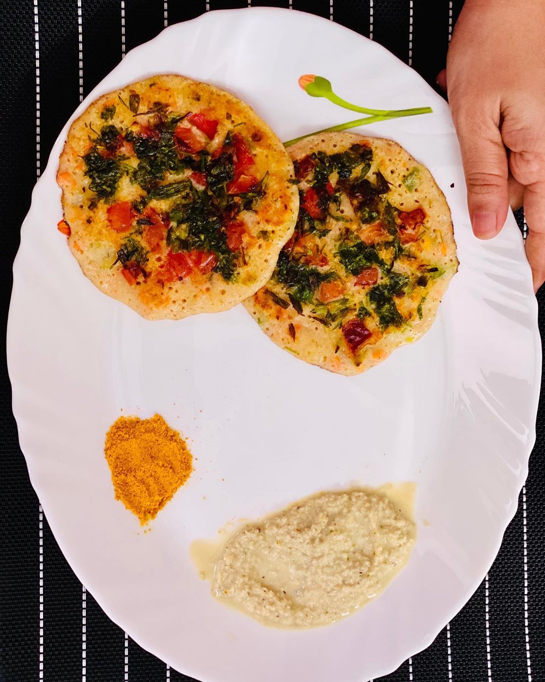 At times, Uttapam could be quite bland. So all I could think of, to add some nutritional value and taste for my taste buds was adding chunks of my favorite vegetables and some greens... ( from my kitchen garden )  and side it up with 