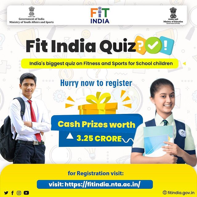 Schools please register for India's first and biggest quiz on fitness and sports and get a chance to win cash prizes of  Rs 3.25 crore.
@fitindiaoff #fitindia #fitindiamovement