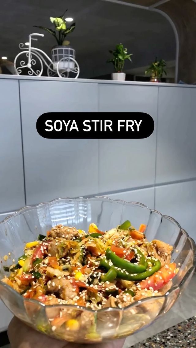 Soya stir fry a quick salad can be a healthy lunch dinner or brunch.
Recipe :
Ingredients 
Soya chunks -1 cup 
Boiled corn -1/2 cup
Capsicum -1/2 cup 
Cabbage -1/2 cup 
Green onions -1/2 cup 
Tomatoes -1 
Carrot -1 
Oil 
Schezwan sauce - 1 spoon 
Salt to taste 
Pepper powder - a pinch 
Sesame seeds -1 tsp 

Heat oil in pan. Sautee all veggies and cook for 5 min . Add soya chunks and all other spices. Serve it

#soyachunks #soyarecipe #stirfryveggies #healthyfood #healthylifestyle #healthyrecipes #heqlthymeal #komalpatel #dietstudio