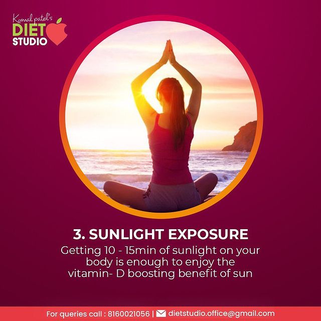 When the skin is exposed to the sun’s ultraviolet rays, a cholesterol compound in the skin is transformed into a precursor of vitamin D.
exposing your face and arms to the sun for fifteen minutes, three days a week is an effective way to ensure adequate amounts of vitamin D in the body.

#21dayhealthyhabitschallenge #dshealthyhabitchallenge #komalpatel #dtkomalpatel #healthyhabits #healthylifestyle #health #diet #weightloss #lifestyle #dietitian #sunexposure #vitamind