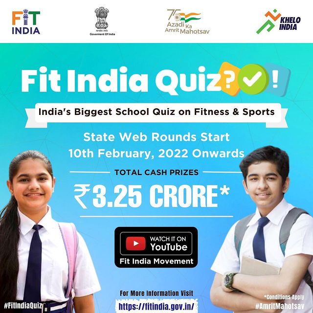 Hi Friends, the Fit India Quiz is the biggest Quiz on Sports & Fitness which is offering cash prizes worth 3.25 Crores! 360 Schools from across India are going to participate in the State Level Rounds.

Don't forget to watch as the Schools battle it out to become the 1st #FitIndiaQuiz Champion from 10th February onwards here - 
https://bit.ly/3Hm2r9N