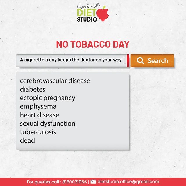 Burn calories, not cigarettes
#NoTobaccoDay #WorldNoTobaccoDay #NoTobaccoDay2022 #SayNoToTobacco #KomalPatel