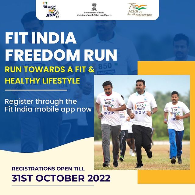 Registrations for Fit India Freedom Run 3.0 are going on in full swing🥳
Download the Fit India mobile app to register now!

Click on this link to download:  https://bit.ly/3HKzd4g

Get the app & grab an e-certificate for your successful participation 🥳
#Run4India
#AzadiKaAmritMahotsav