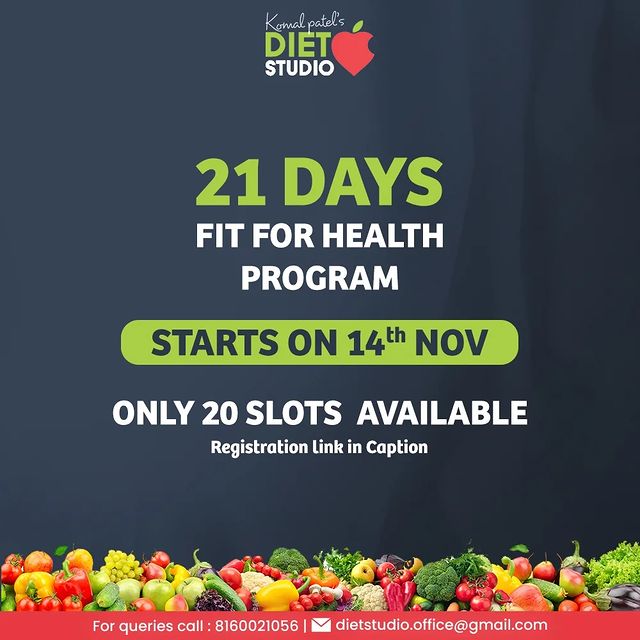 Stop feeling lazy & kick-start your transformation goals.

This winter gear up for the 21 Days Fit For Health Program!

Hurry up because only 20 slots are available.

Register Now : Link in bio

#21Days #21DaysFitForHealth #FitForHealth #HealthProgram #21DaysChallenge #RegisterNow #KomalPatel #DtKomalPatel